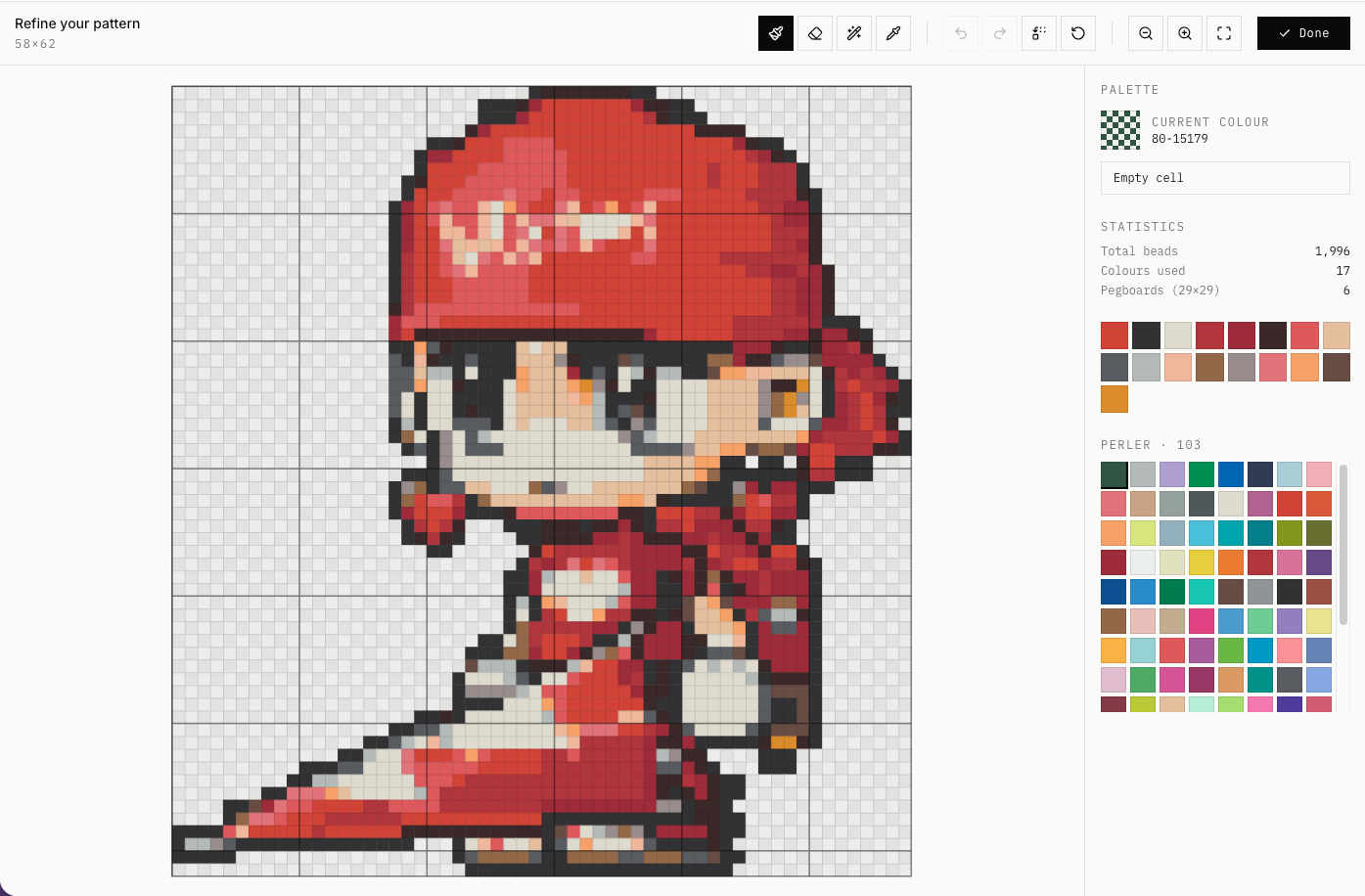 Pattern editor interface showing pixel art editing tools and palette